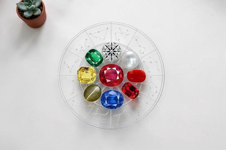 Color wheel with various gemstones, spiritually energized on a white background.