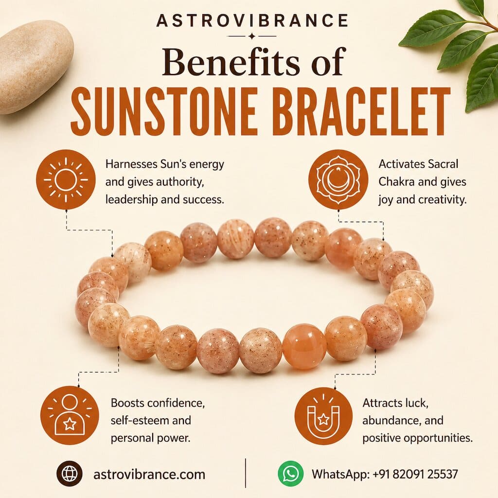 Sunstone bracelet with benefits listed on a beige background