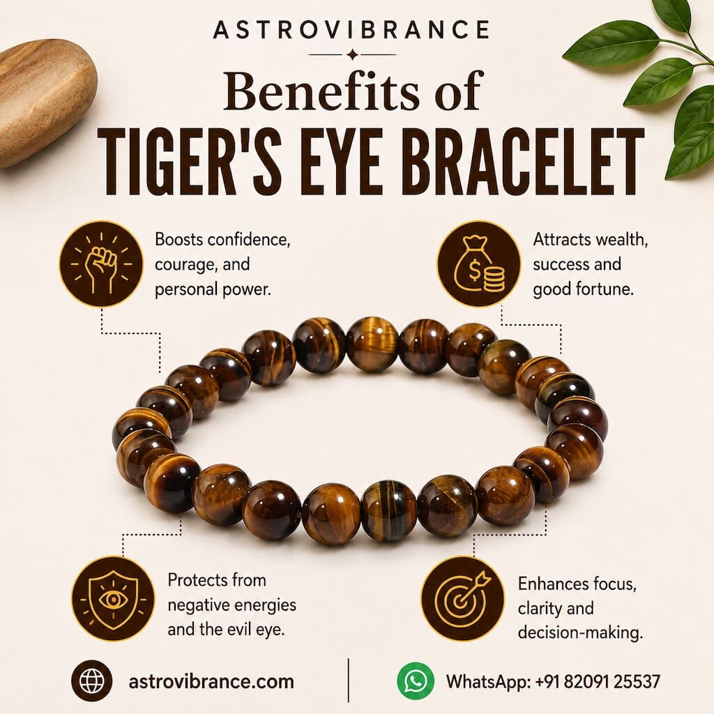 Tiger's eye bracelet with benefits listed on a white background