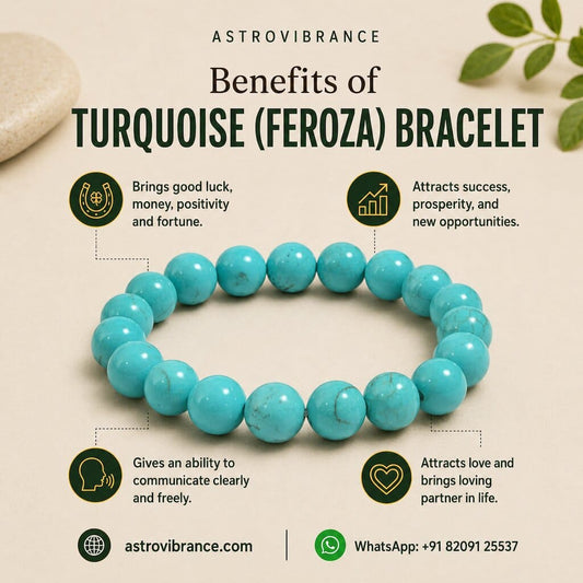 Turquoise bracelet with benefits listed on a beige background