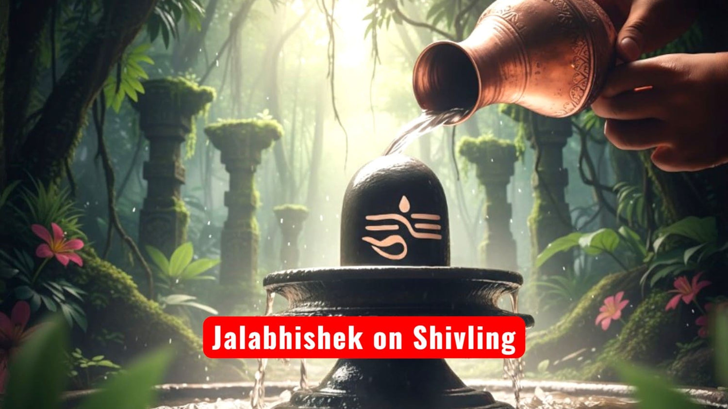 A person pouring water onto a Shiva lingam in a mystical forest setting with 'Jalabhishhek on Shivling' text.